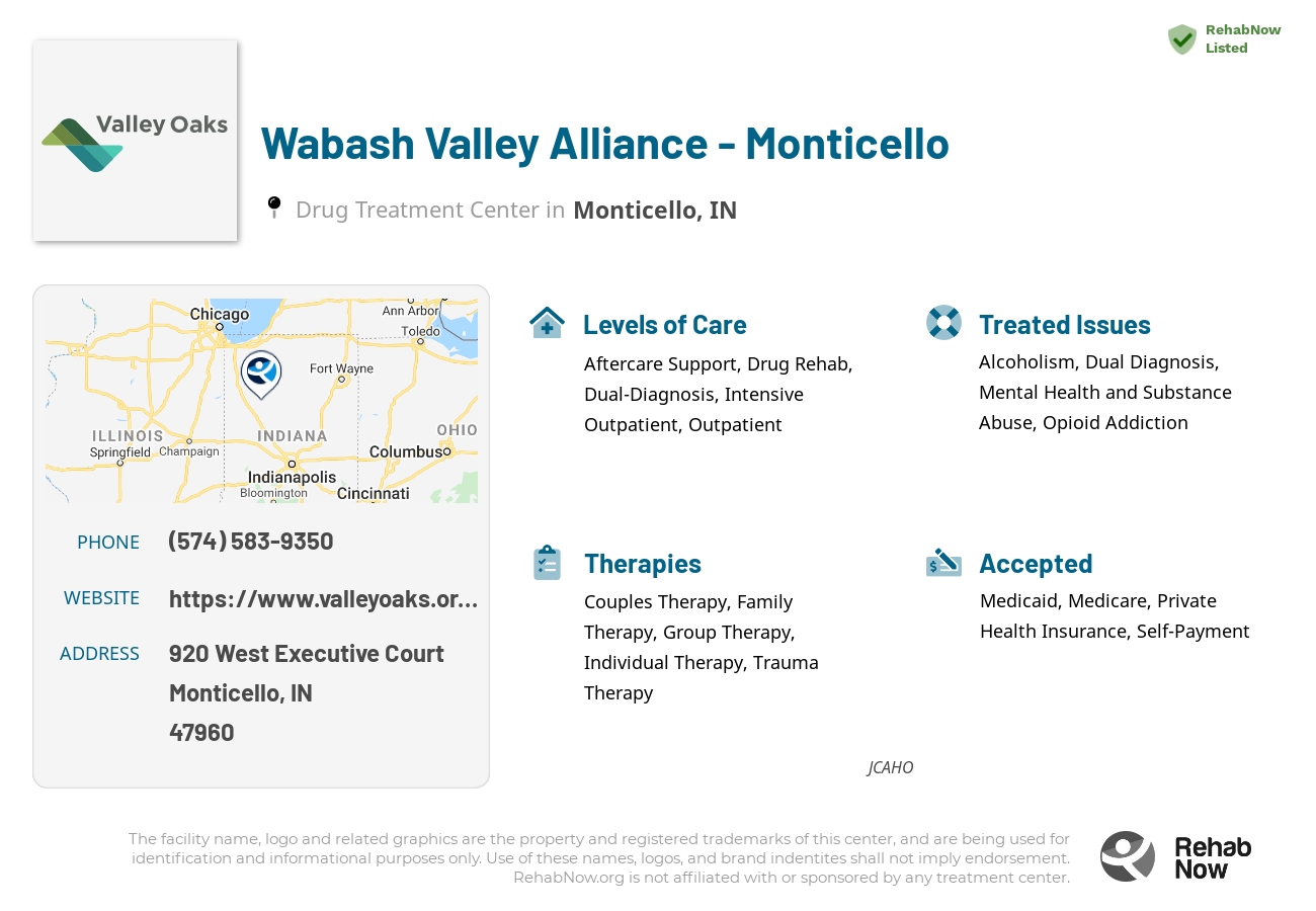 Helpful reference information for Wabash Valley Alliance - Monticello, a drug treatment center in Indiana located at: 920 West Executive Court, Monticello, IN, 47960, including phone numbers, official website, and more. Listed briefly is an overview of Levels of Care, Therapies Offered, Issues Treated, and accepted forms of Payment Methods.