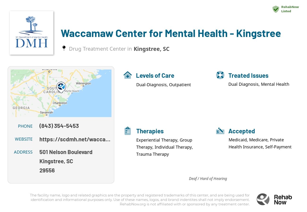 Helpful reference information for Waccamaw Center for Mental Health - Kingstree, a drug treatment center in South Carolina located at: 501 501 Nelson Boulevard, Kingstree, SC 29556, including phone numbers, official website, and more. Listed briefly is an overview of Levels of Care, Therapies Offered, Issues Treated, and accepted forms of Payment Methods.