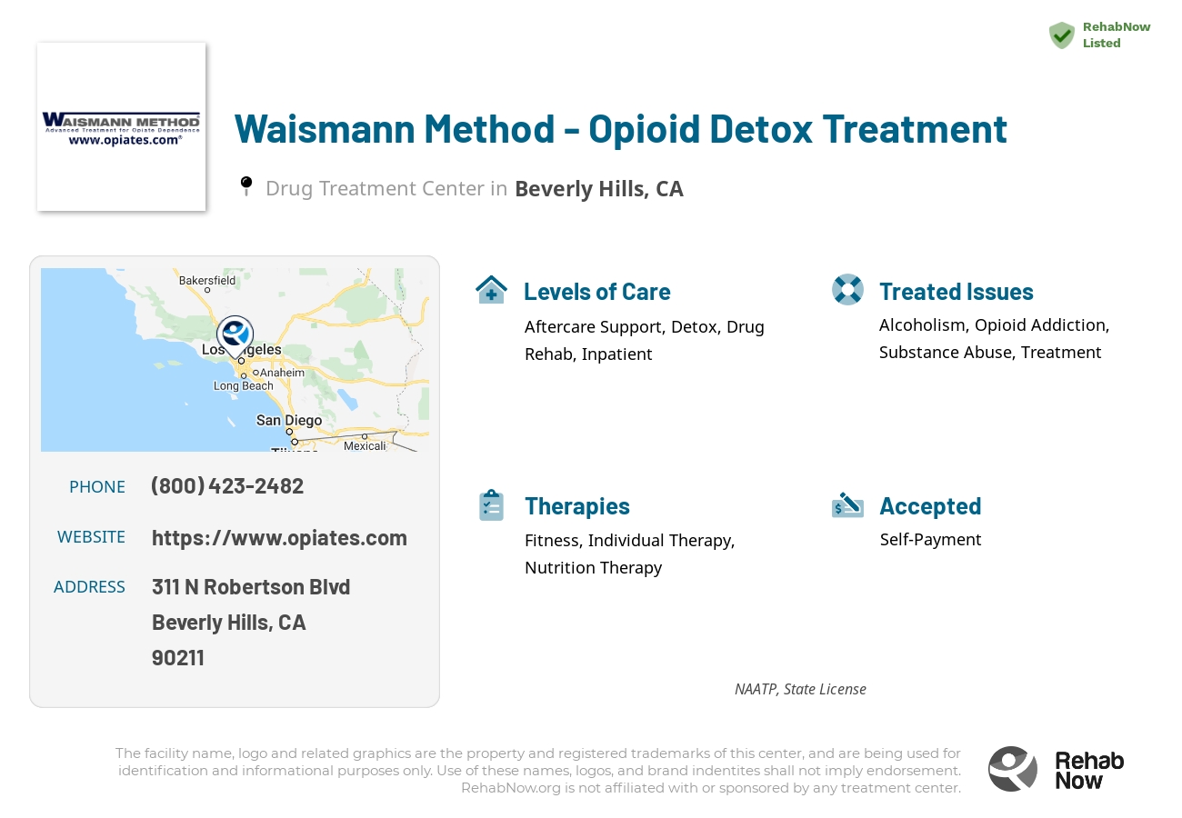 Helpful reference information for Waismann Method - Opioid Detox Treatment, a drug treatment center in California located at: 311 N Robertson Blvd, Beverly Hills, CA 90211, including phone numbers, official website, and more. Listed briefly is an overview of Levels of Care, Therapies Offered, Issues Treated, and accepted forms of Payment Methods.