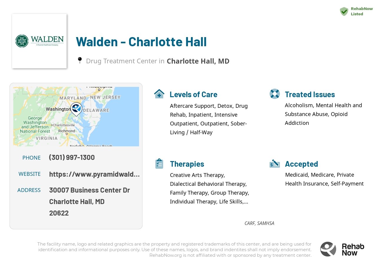 Helpful reference information for Walden - Charlotte Hall, a drug treatment center in Maryland located at: 30007 Business Center Dr, Charlotte Hall, MD, 20622, including phone numbers, official website, and more. Listed briefly is an overview of Levels of Care, Therapies Offered, Issues Treated, and accepted forms of Payment Methods.