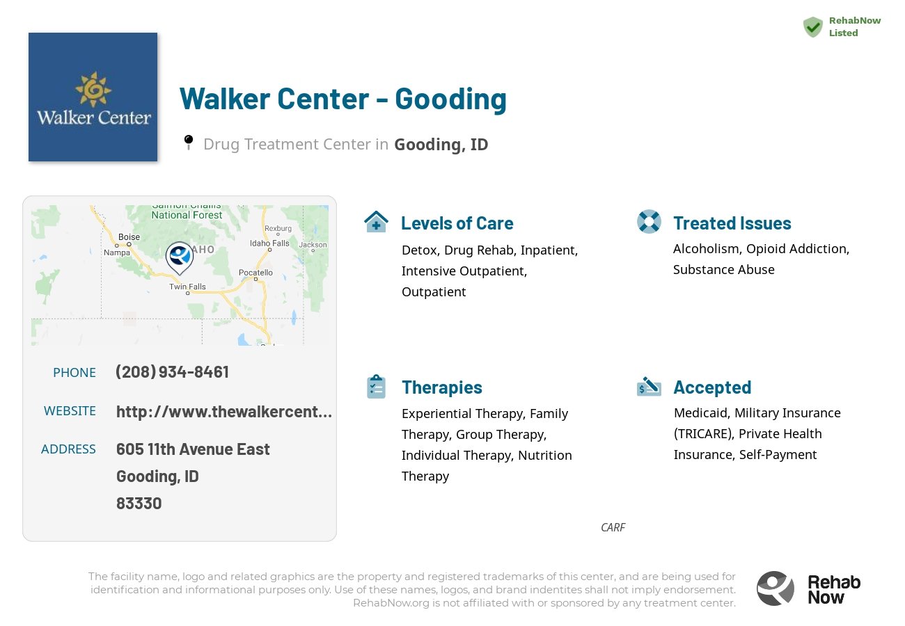 Helpful reference information for Walker Center - Gooding, a drug treatment center in Idaho located at: 605 11th Avenue East, Gooding, ID, 83330, including phone numbers, official website, and more. Listed briefly is an overview of Levels of Care, Therapies Offered, Issues Treated, and accepted forms of Payment Methods.