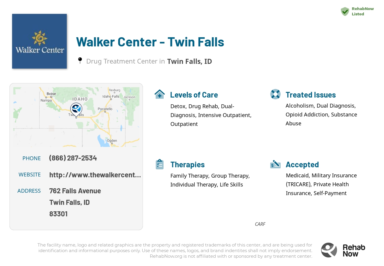 Helpful reference information for Walker Center - Twin Falls, a drug treatment center in Idaho located at: 762 Falls Avenue, Twin Falls, ID, 83301, including phone numbers, official website, and more. Listed briefly is an overview of Levels of Care, Therapies Offered, Issues Treated, and accepted forms of Payment Methods.