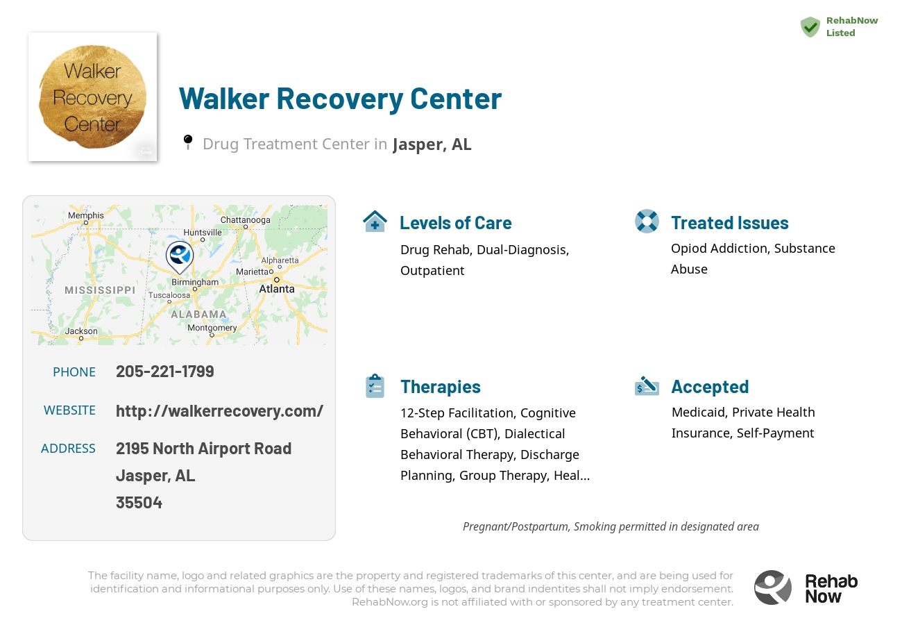 Helpful reference information for Walker Recovery Center, a drug treatment center in Alabama located at: 2195 North Airport Road, Jasper, AL, 35504, including phone numbers, official website, and more. Listed briefly is an overview of Levels of Care, Therapies Offered, Issues Treated, and accepted forms of Payment Methods.