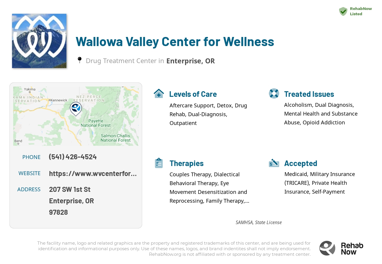 Helpful reference information for Wallowa Valley Center for Wellness, a drug treatment center in Oregon located at: 207 SW 1st St, Enterprise, OR 97828, including phone numbers, official website, and more. Listed briefly is an overview of Levels of Care, Therapies Offered, Issues Treated, and accepted forms of Payment Methods.