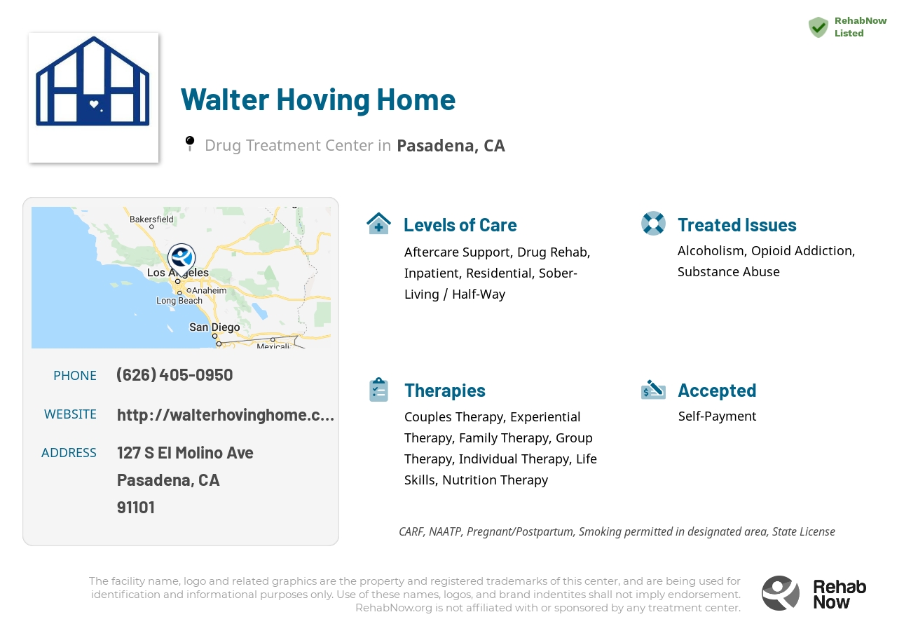 Helpful reference information for Walter Hoving Home, a drug treatment center in California located at: 127 S El Molino Ave, Pasadena, CA 91101, including phone numbers, official website, and more. Listed briefly is an overview of Levels of Care, Therapies Offered, Issues Treated, and accepted forms of Payment Methods.