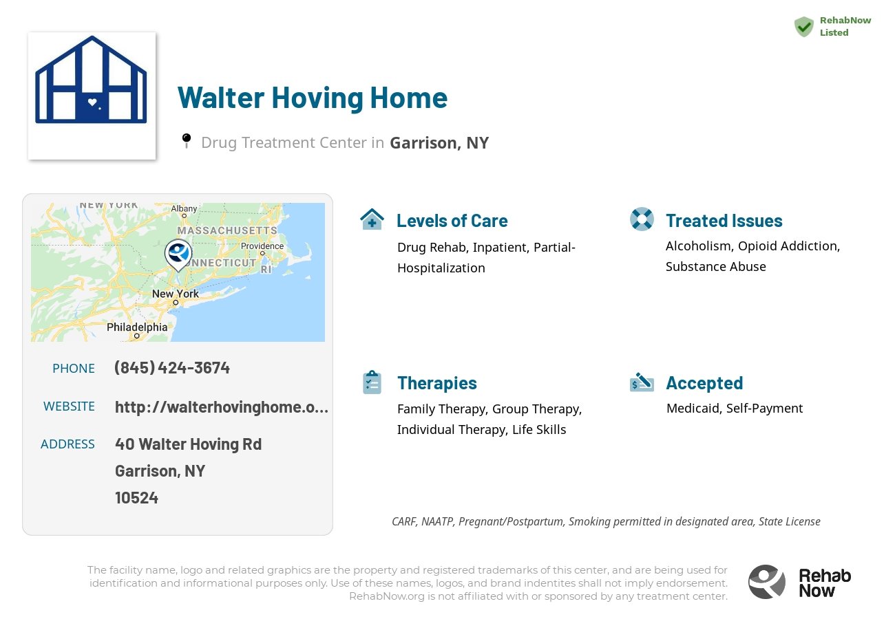 Helpful reference information for Walter Hoving Home, a drug treatment center in New York located at: 40 Walter Hoving Rd, Garrison, NY 10524, including phone numbers, official website, and more. Listed briefly is an overview of Levels of Care, Therapies Offered, Issues Treated, and accepted forms of Payment Methods.