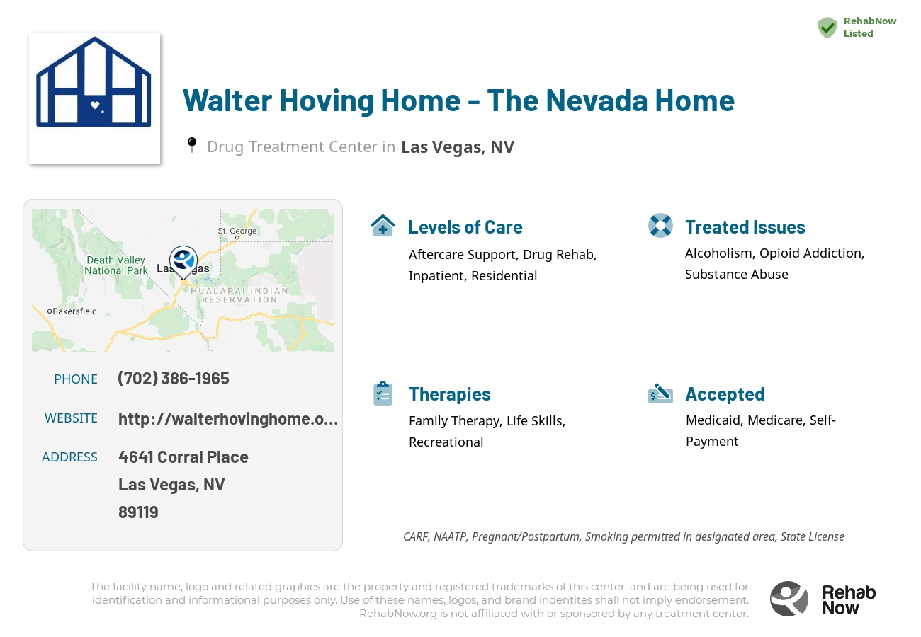 Helpful reference information for Walter Hoving Home - The Nevada Home, a drug treatment center in Nevada located at: 4641 4641 Corral Place, Las Vegas, NV 89119, including phone numbers, official website, and more. Listed briefly is an overview of Levels of Care, Therapies Offered, Issues Treated, and accepted forms of Payment Methods.