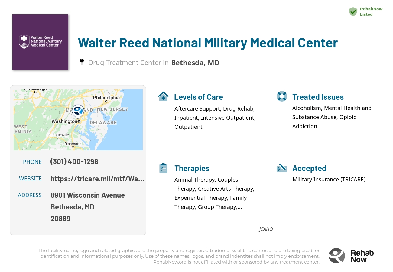 Helpful reference information for Walter Reed National Military Medical Center, a drug treatment center in Maryland located at: 8901 Wisconsin Avenue, Bethesda, MD, 20889, including phone numbers, official website, and more. Listed briefly is an overview of Levels of Care, Therapies Offered, Issues Treated, and accepted forms of Payment Methods.