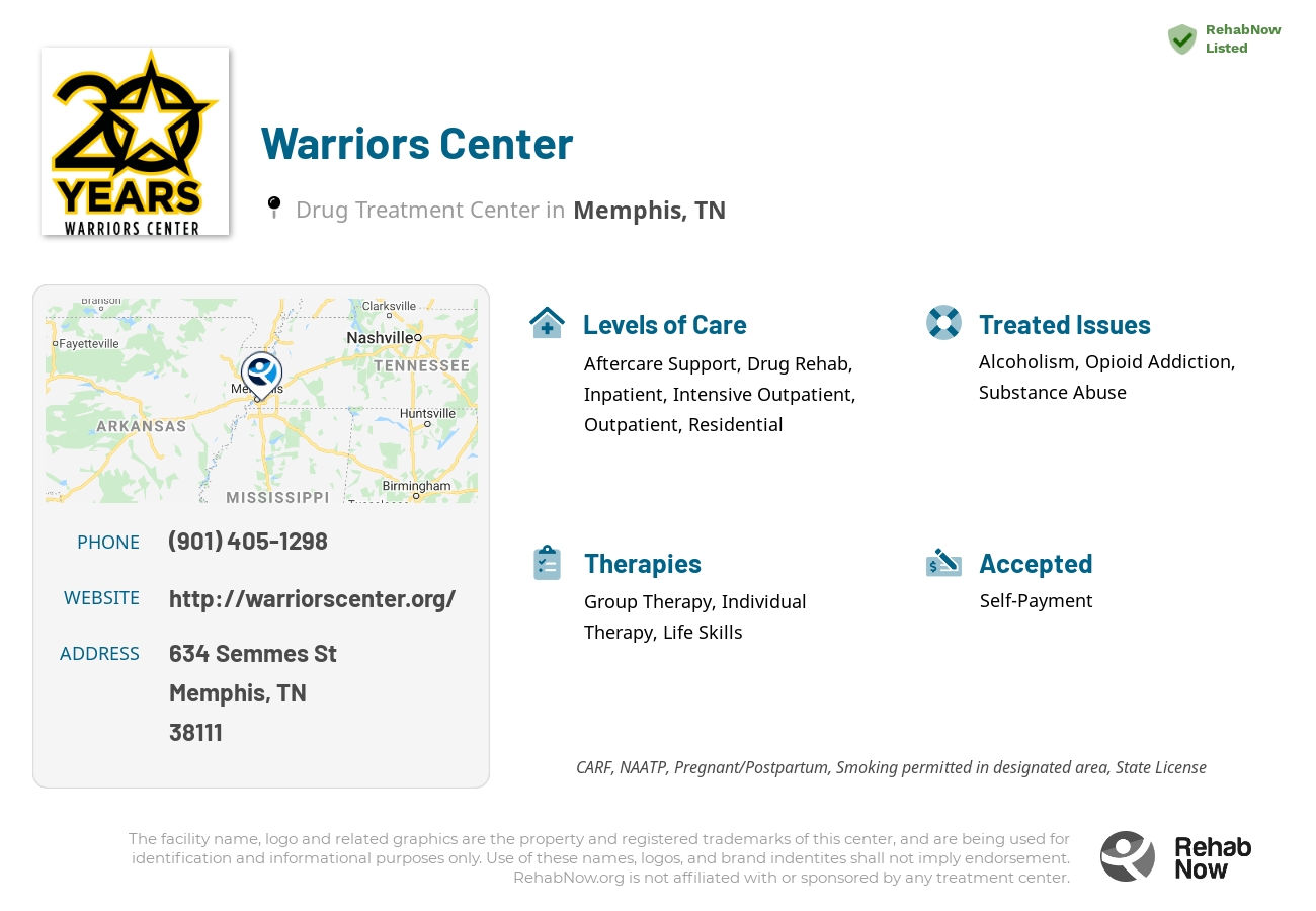 Helpful reference information for Warriors Center, a drug treatment center in Tennessee located at: 634 Semmes St, Memphis, TN 38111, including phone numbers, official website, and more. Listed briefly is an overview of Levels of Care, Therapies Offered, Issues Treated, and accepted forms of Payment Methods.