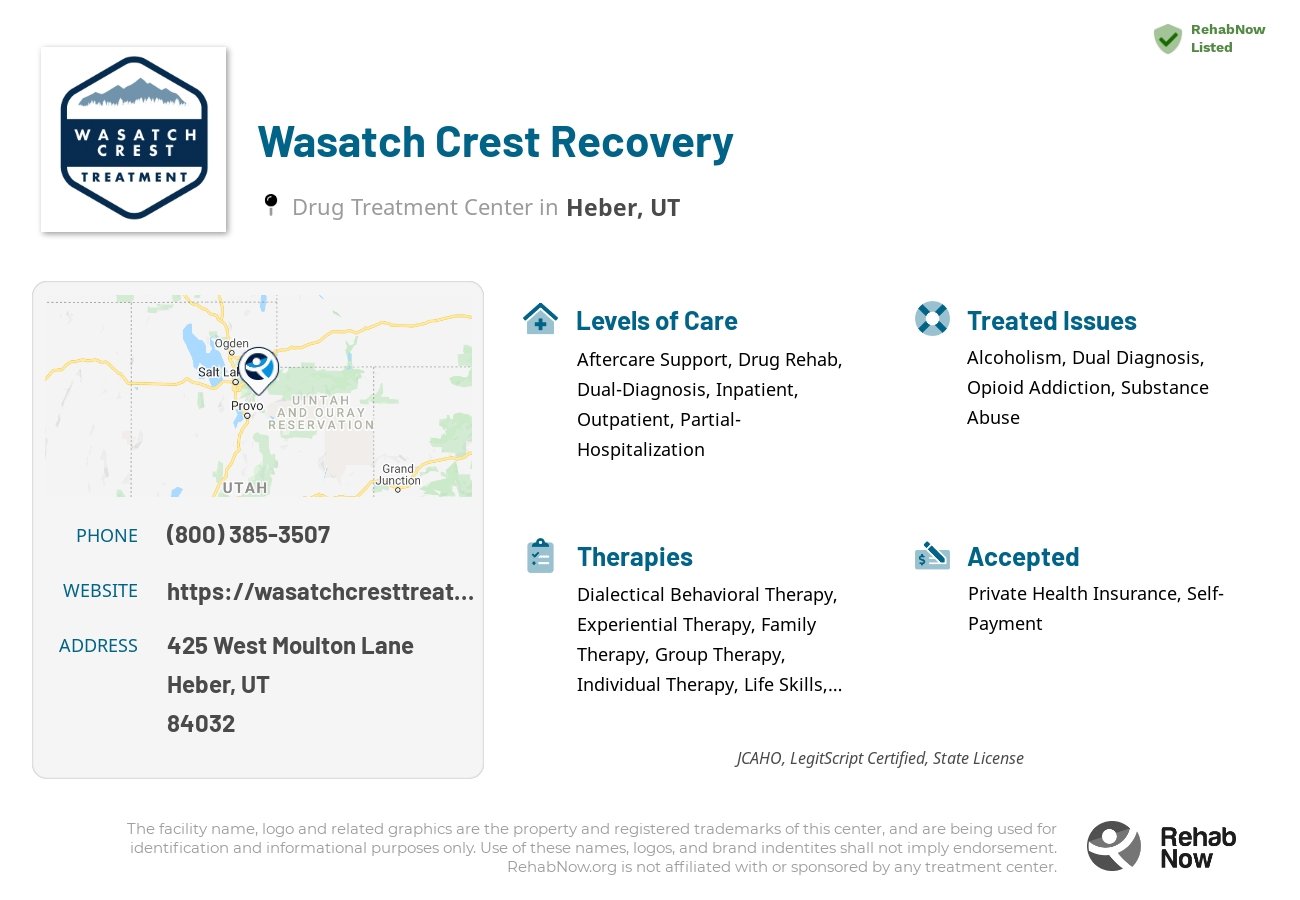 Helpful reference information for Wasatch Crest Recovery, a drug treatment center in Utah located at: 425 425 West Moulton Lane, Heber, UT 84032, including phone numbers, official website, and more. Listed briefly is an overview of Levels of Care, Therapies Offered, Issues Treated, and accepted forms of Payment Methods.