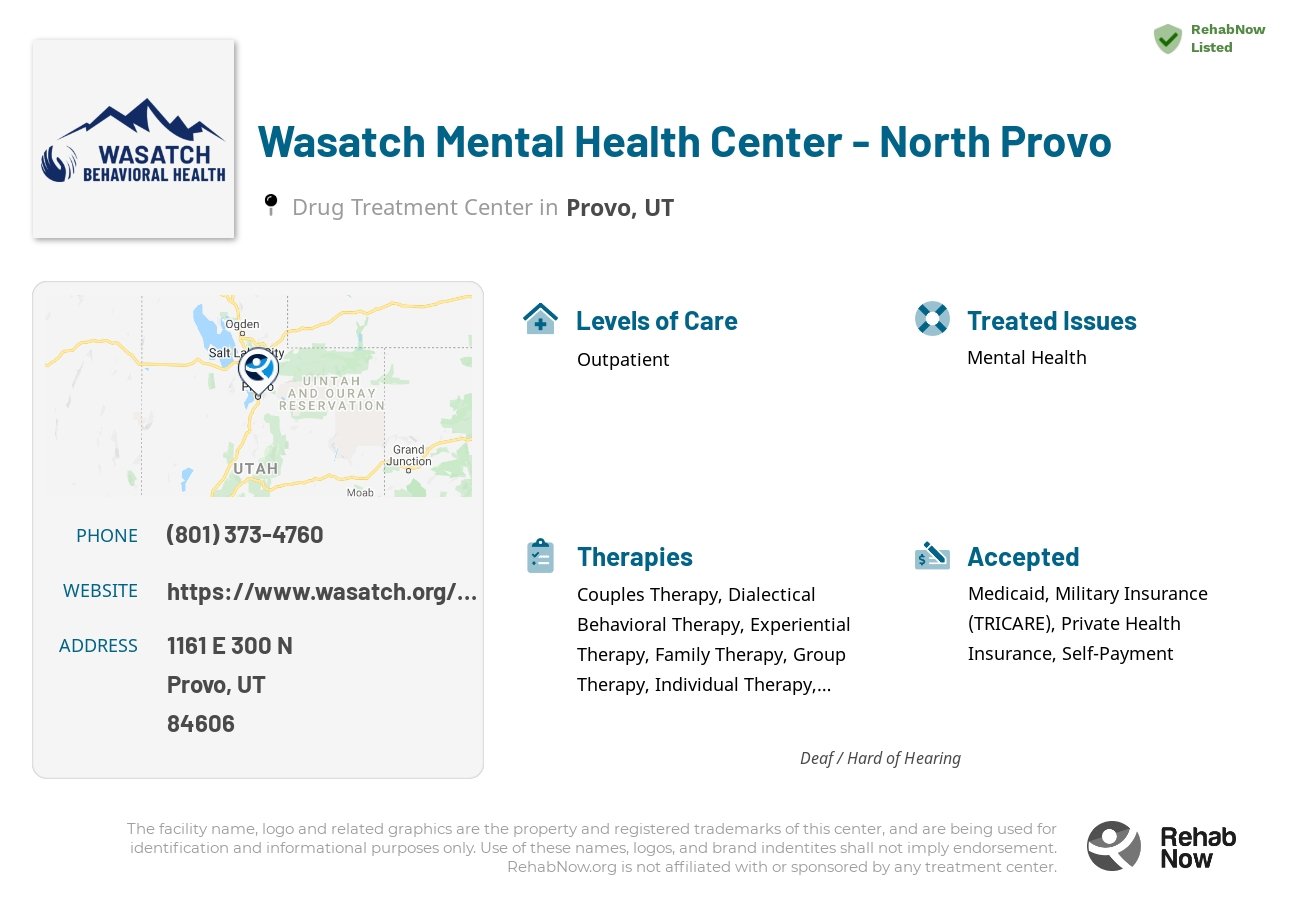 Helpful reference information for Wasatch Mental Health Center - North Provo, a drug treatment center in Utah located at: 1161 E 300 N, Provo, UT 84606, including phone numbers, official website, and more. Listed briefly is an overview of Levels of Care, Therapies Offered, Issues Treated, and accepted forms of Payment Methods.