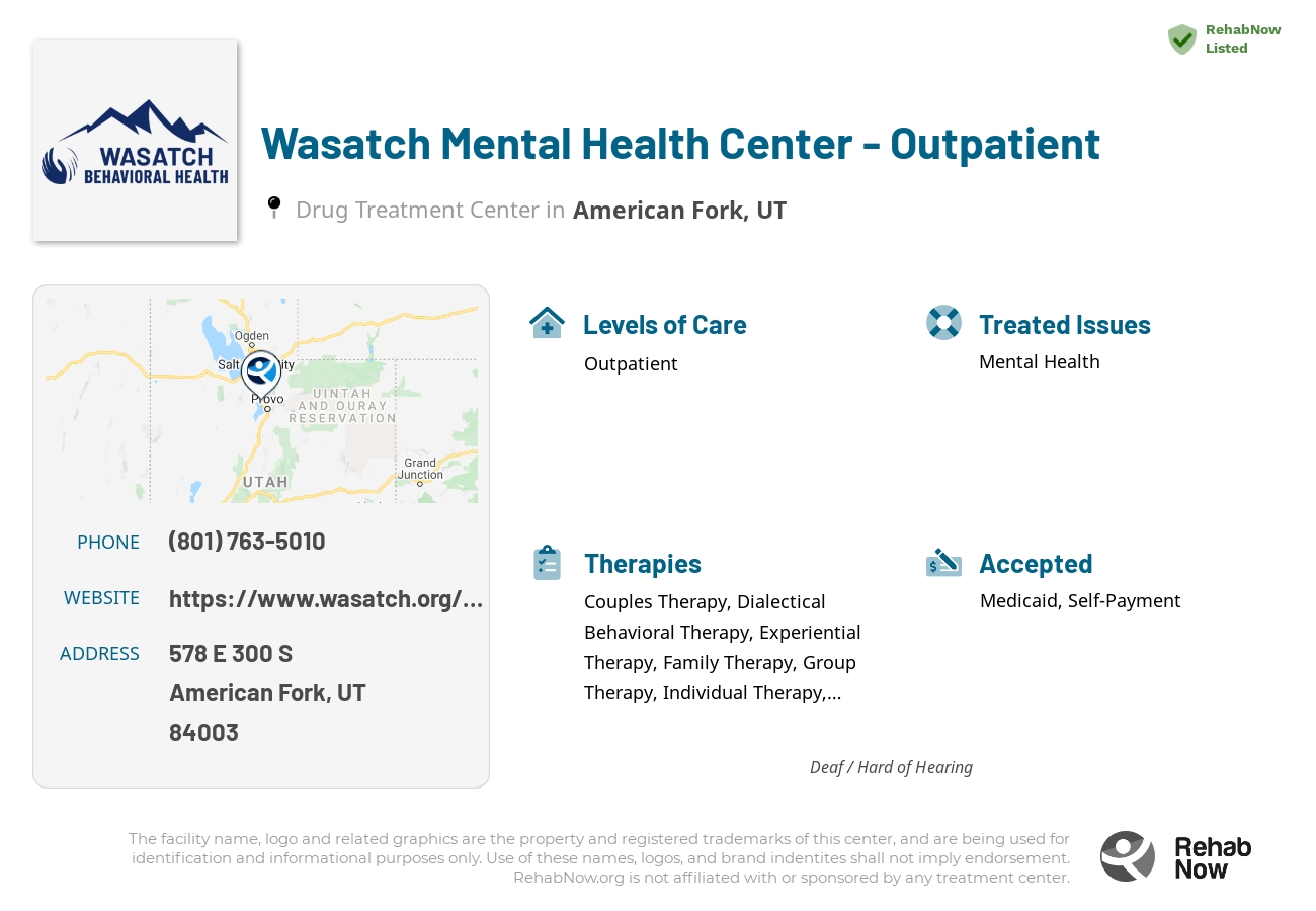 Helpful reference information for Wasatch Mental Health Center - Outpatient, a drug treatment center in Utah located at: 578 E 300 S, American Fork, UT 84003, including phone numbers, official website, and more. Listed briefly is an overview of Levels of Care, Therapies Offered, Issues Treated, and accepted forms of Payment Methods.