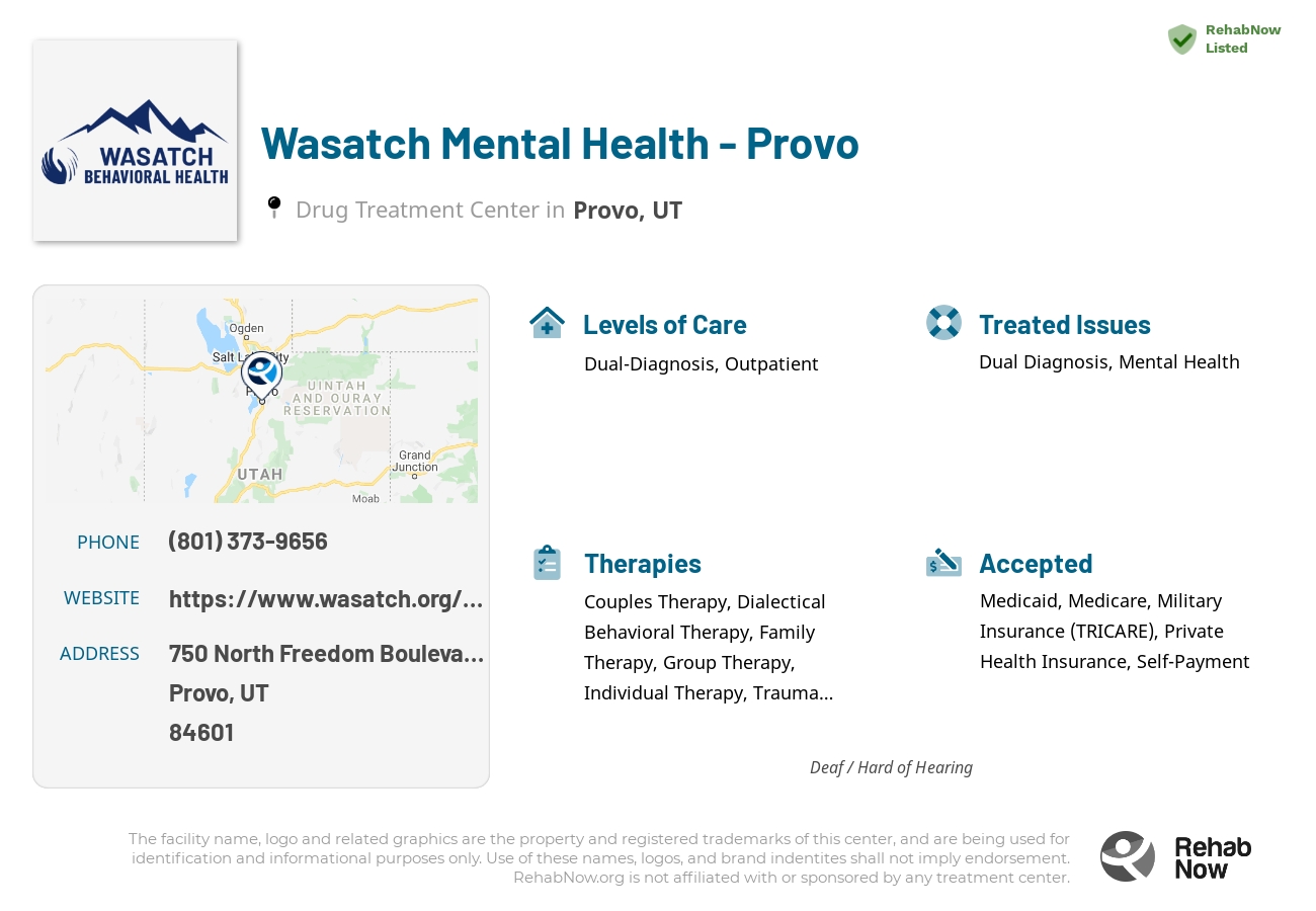 Helpful reference information for Wasatch Mental Health - Provo, a drug treatment center in Utah located at: 750 750 North Freedom Boulevard, Provo, UT 84601, including phone numbers, official website, and more. Listed briefly is an overview of Levels of Care, Therapies Offered, Issues Treated, and accepted forms of Payment Methods.