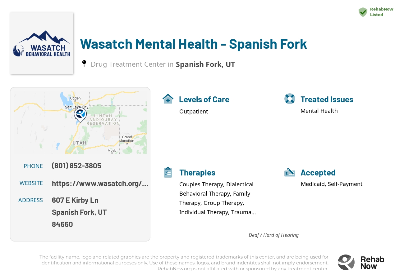 Helpful reference information for Wasatch Mental Health - Spanish Fork, a drug treatment center in Utah located at: 607 E Kirby Ln, Spanish Fork, UT 84660, including phone numbers, official website, and more. Listed briefly is an overview of Levels of Care, Therapies Offered, Issues Treated, and accepted forms of Payment Methods.