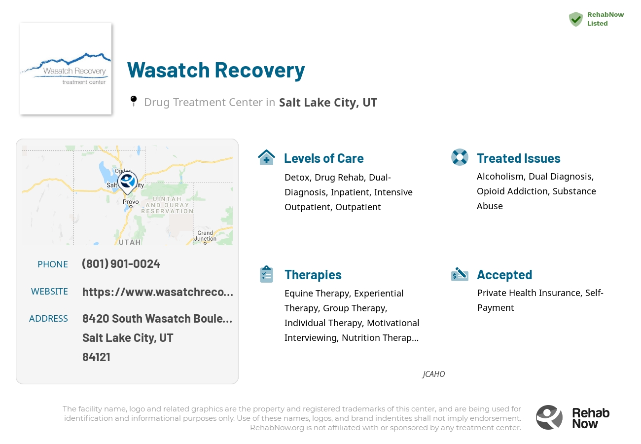 Helpful reference information for Wasatch Recovery, a drug treatment center in Utah located at: 8420 8420 South Wasatch Boulevard, Salt Lake City, UT 84121, including phone numbers, official website, and more. Listed briefly is an overview of Levels of Care, Therapies Offered, Issues Treated, and accepted forms of Payment Methods.