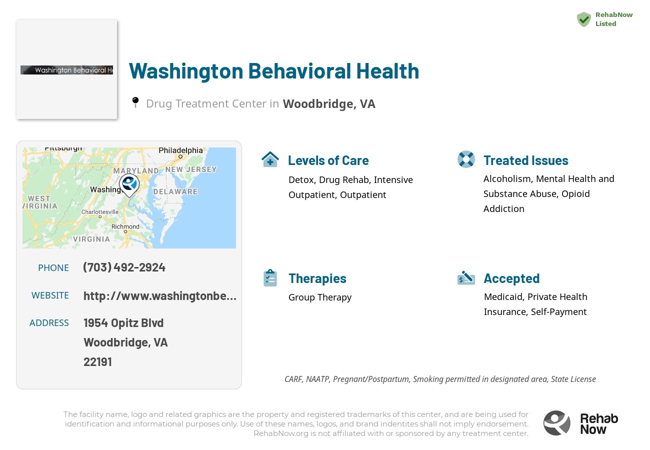 Helpful reference information for Washington Behavioral Health, a drug treatment center in Virginia located at: 1954 Opitz Blvd, Woodbridge, VA 22191, including phone numbers, official website, and more. Listed briefly is an overview of Levels of Care, Therapies Offered, Issues Treated, and accepted forms of Payment Methods.
