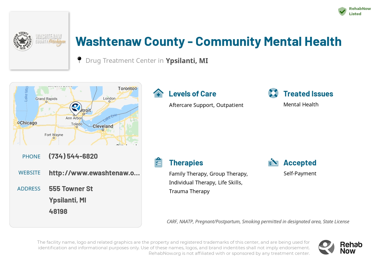 Helpful reference information for Washtenaw County - Community Mental Health, a drug treatment center in Michigan located at: 555 Towner St, Ypsilanti, MI 48198, including phone numbers, official website, and more. Listed briefly is an overview of Levels of Care, Therapies Offered, Issues Treated, and accepted forms of Payment Methods.