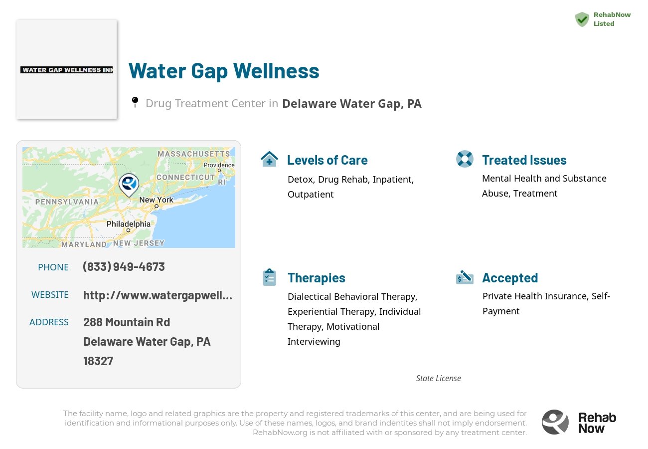 Helpful reference information for Water Gap Wellness, a drug treatment center in Pennsylvania located at: 288 Mountain Rd, Delaware Water Gap, PA 18327, including phone numbers, official website, and more. Listed briefly is an overview of Levels of Care, Therapies Offered, Issues Treated, and accepted forms of Payment Methods.