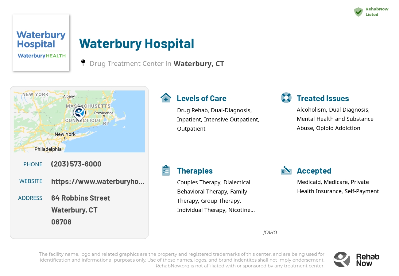 Helpful reference information for Waterbury Hospital, a drug treatment center in Connecticut located at: 64 Robbins Street, Waterbury, CT, 06708, including phone numbers, official website, and more. Listed briefly is an overview of Levels of Care, Therapies Offered, Issues Treated, and accepted forms of Payment Methods.