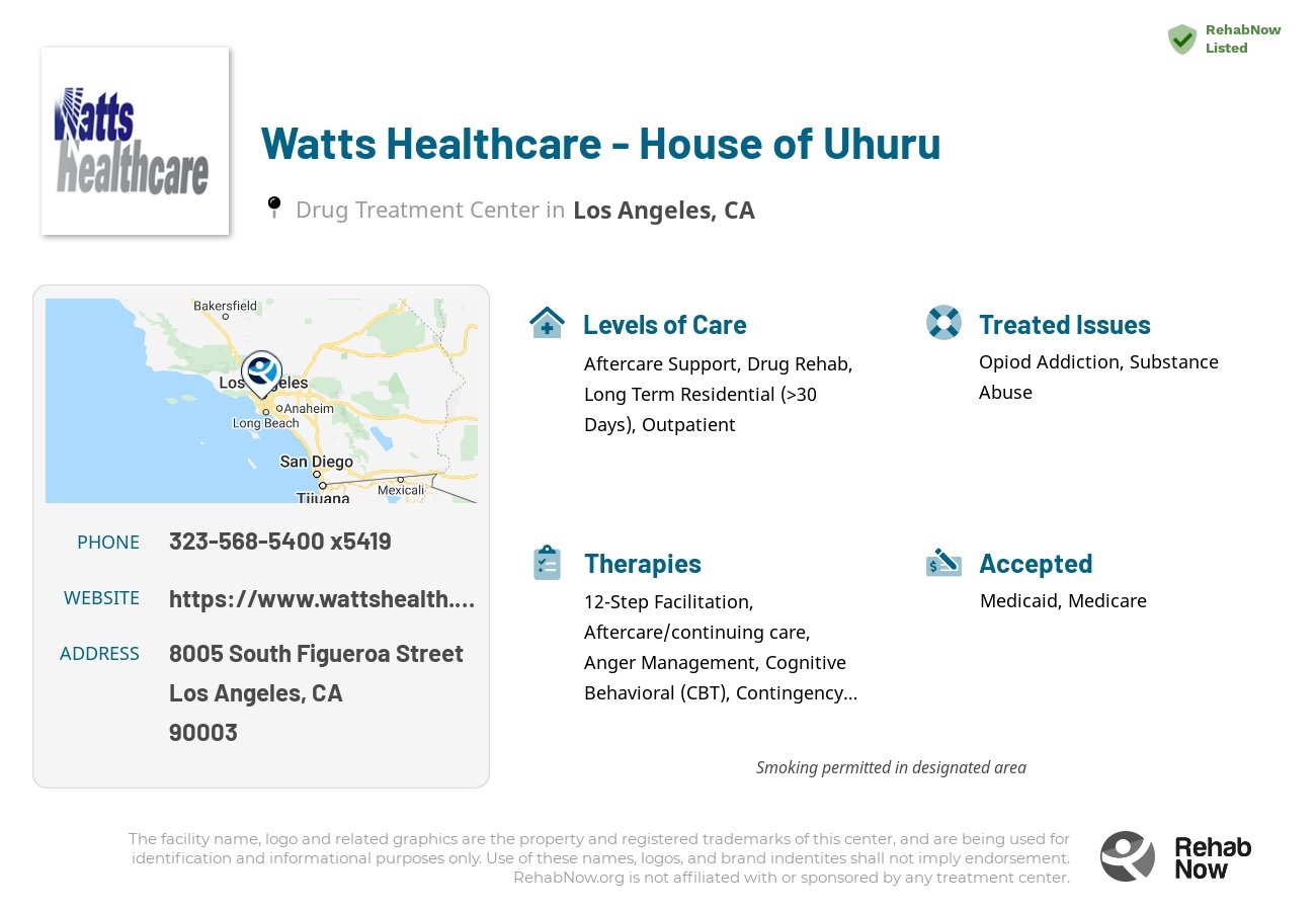 Helpful reference information for Watts Healthcare - House of Uhuru, a drug treatment center in California located at: 8005 South Figueroa Street, Los Angeles, CA 90003, including phone numbers, official website, and more. Listed briefly is an overview of Levels of Care, Therapies Offered, Issues Treated, and accepted forms of Payment Methods.