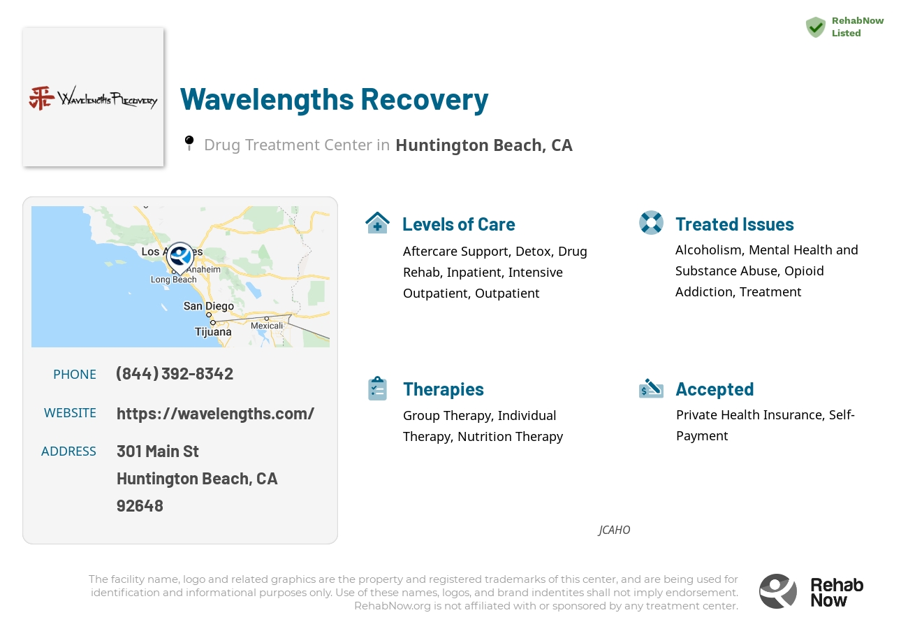 Helpful reference information for Wavelengths Recovery, a drug treatment center in California located at: 301 Main St, Huntington Beach, CA 92648, including phone numbers, official website, and more. Listed briefly is an overview of Levels of Care, Therapies Offered, Issues Treated, and accepted forms of Payment Methods.