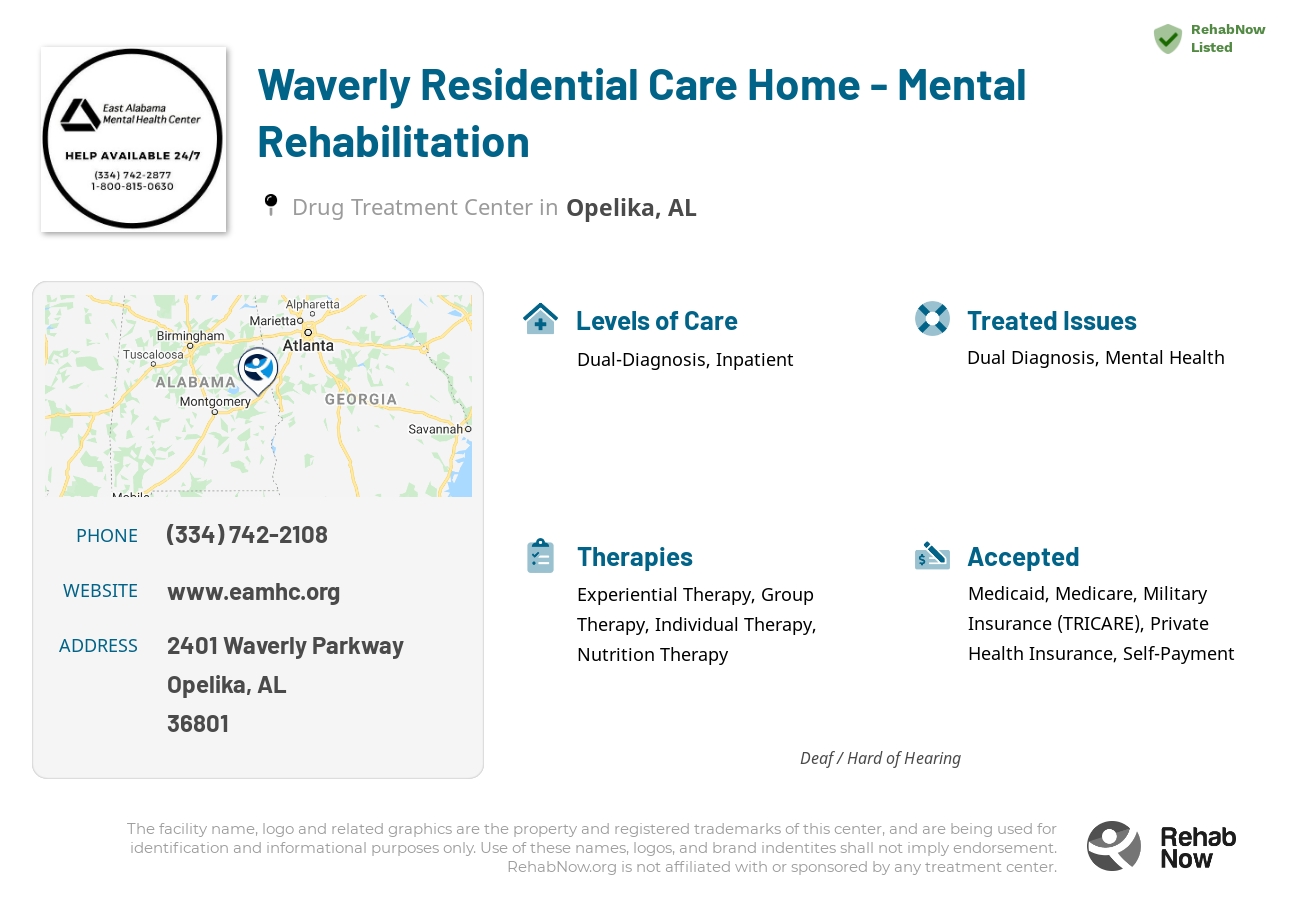 Helpful reference information for Waverly Residential Care Home - Mental Rehabilitation, a drug treatment center in Alabama located at: 2401 Waverly Parkway, Opelika, AL, 36801, including phone numbers, official website, and more. Listed briefly is an overview of Levels of Care, Therapies Offered, Issues Treated, and accepted forms of Payment Methods.