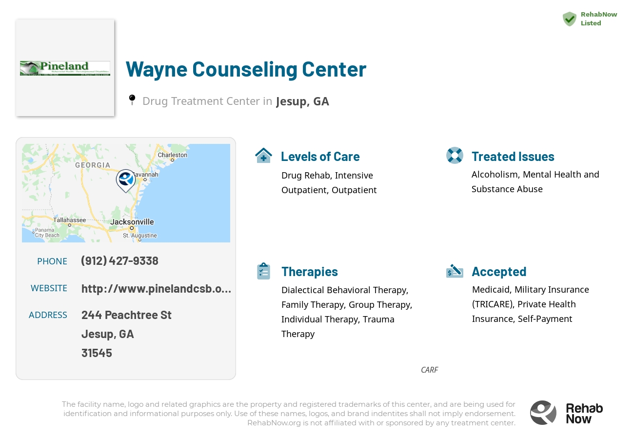 Helpful reference information for Wayne Counseling Center, a drug treatment center in Georgia located at: 244 Peachtree St, Jesup, GA 31545, including phone numbers, official website, and more. Listed briefly is an overview of Levels of Care, Therapies Offered, Issues Treated, and accepted forms of Payment Methods.