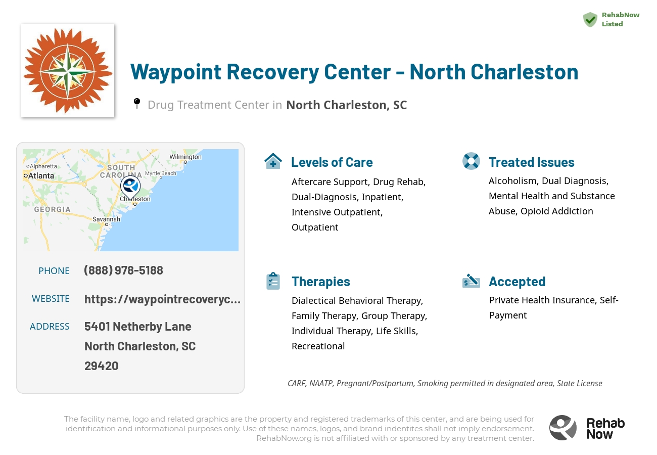 Helpful reference information for Waypoint Recovery Center - North Charleston, a drug treatment center in South Carolina located at: 5401 5401 Netherby Lane, North Charleston, SC 29420, including phone numbers, official website, and more. Listed briefly is an overview of Levels of Care, Therapies Offered, Issues Treated, and accepted forms of Payment Methods.