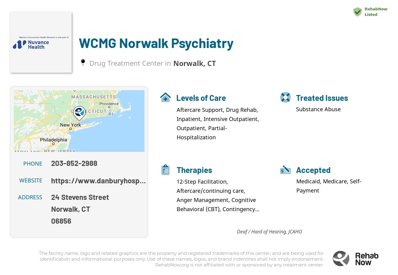 Helpful reference information for WCMG Norwalk Psychiatry, a drug treatment center in Connecticut located at: 24 Stevens Street, Norwalk, CT 06856, including phone numbers, official website, and more. Listed briefly is an overview of Levels of Care, Therapies Offered, Issues Treated, and accepted forms of Payment Methods.