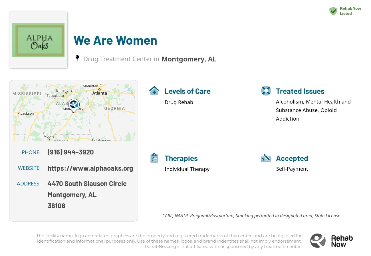 Helpful reference information for We Are Women, a drug treatment center in Alabama located at: 4470 South Slauson Circle, Montgomery, AL, 36106, including phone numbers, official website, and more. Listed briefly is an overview of Levels of Care, Therapies Offered, Issues Treated, and accepted forms of Payment Methods.