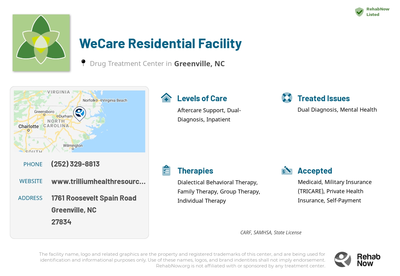 Helpful reference information for WeCare Residential Facility, a drug treatment center in North Carolina located at: 1761 Roosevelt Spain Road, Greenville, NC, 27834, including phone numbers, official website, and more. Listed briefly is an overview of Levels of Care, Therapies Offered, Issues Treated, and accepted forms of Payment Methods.
