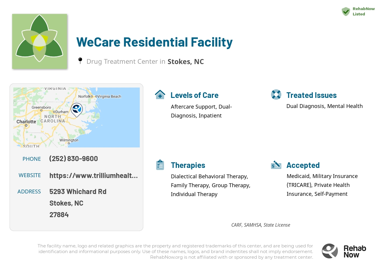 Helpful reference information for WeCare Residential Facility, a drug treatment center in North Carolina located at: 5293 Whichard Rd, Stokes, NC 27884, including phone numbers, official website, and more. Listed briefly is an overview of Levels of Care, Therapies Offered, Issues Treated, and accepted forms of Payment Methods.
