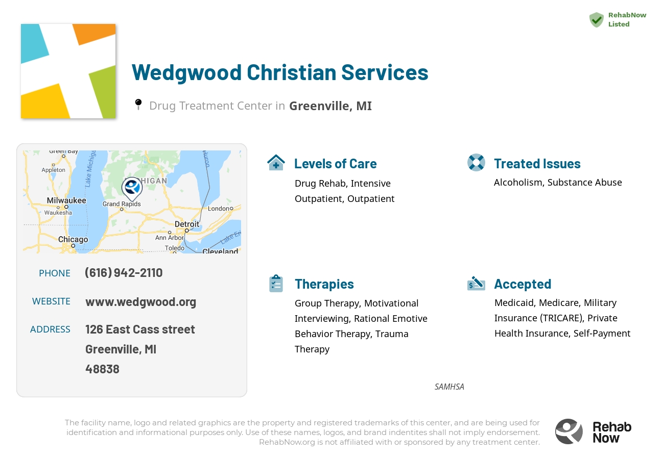 Helpful reference information for Wedgwood Christian Services, a drug treatment center in Michigan located at: 126 126 East Cass street, Greenville, MI 48838, including phone numbers, official website, and more. Listed briefly is an overview of Levels of Care, Therapies Offered, Issues Treated, and accepted forms of Payment Methods.