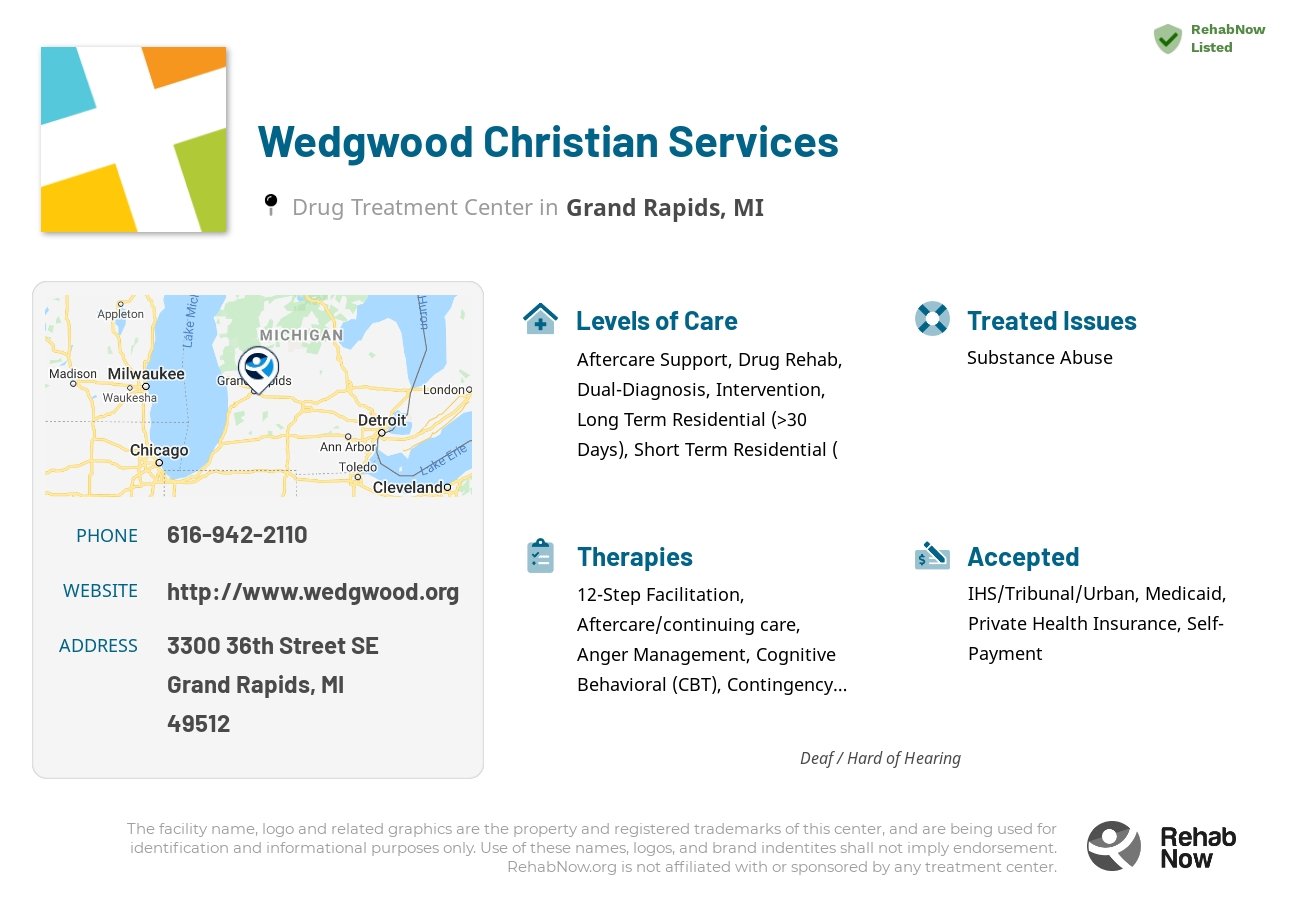 Helpful reference information for Wedgwood Christian Services, a drug treatment center in Michigan located at: 3300 36th Street SE, Grand Rapids, MI 49512, including phone numbers, official website, and more. Listed briefly is an overview of Levels of Care, Therapies Offered, Issues Treated, and accepted forms of Payment Methods.