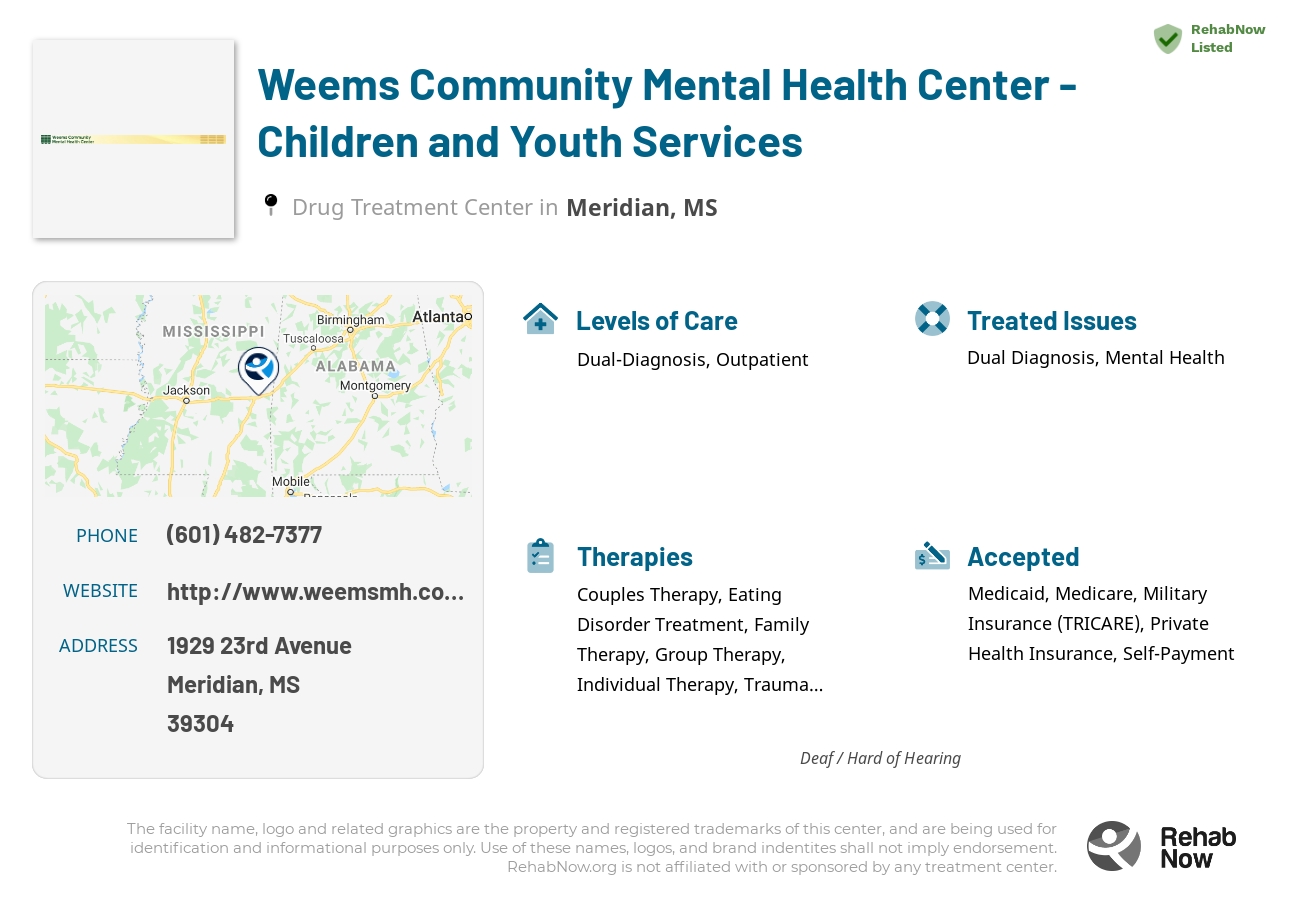 Helpful reference information for Weems Community Mental Health Center - Children and Youth Services, a drug treatment center in Mississippi located at: 1929 1929 23rd Avenue, Meridian, MS 39304, including phone numbers, official website, and more. Listed briefly is an overview of Levels of Care, Therapies Offered, Issues Treated, and accepted forms of Payment Methods.