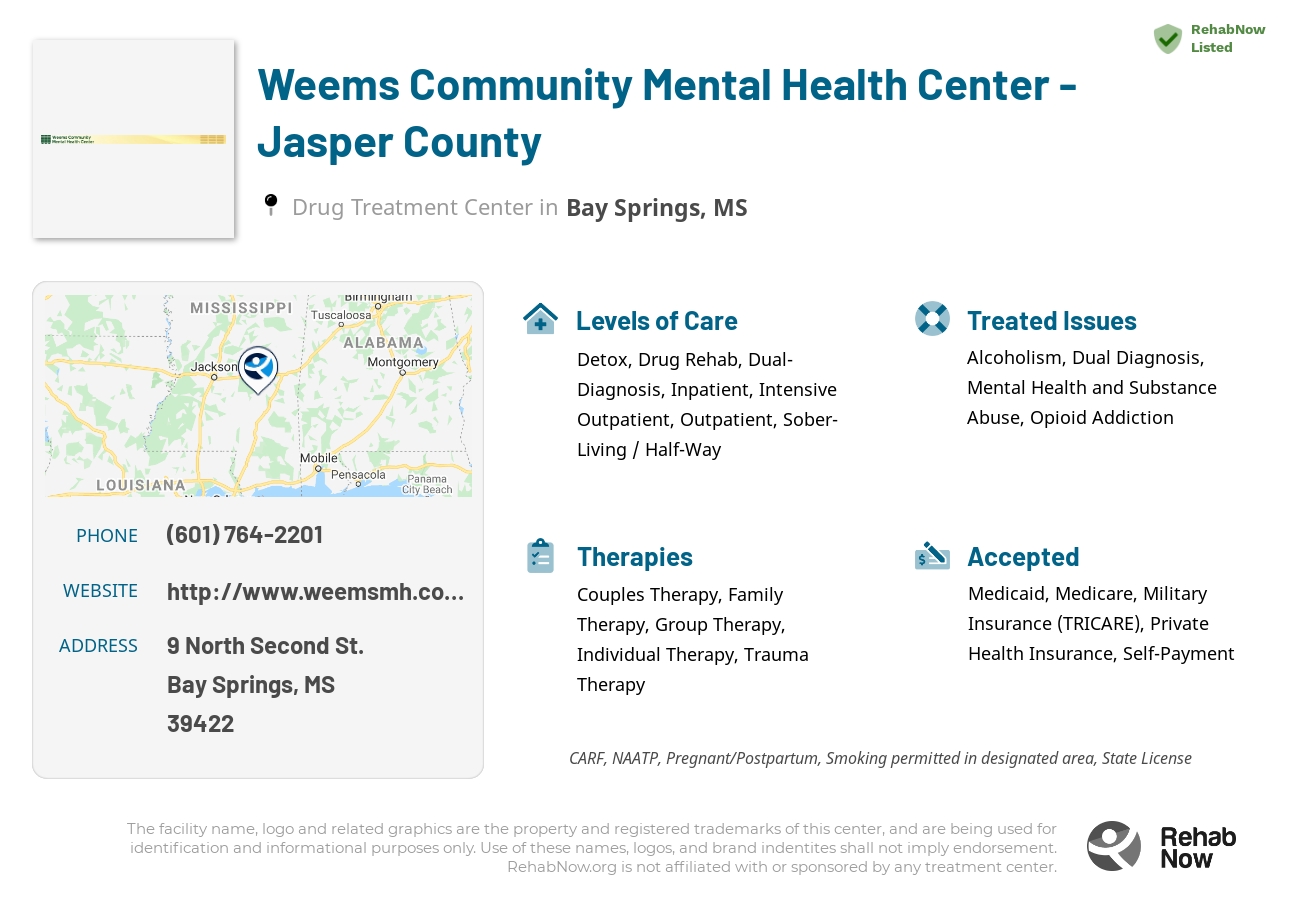 Helpful reference information for Weems Community Mental Health Center - Jasper County, a drug treatment center in Mississippi located at: 9 9 North Second St., Bay Springs, MS 39422, including phone numbers, official website, and more. Listed briefly is an overview of Levels of Care, Therapies Offered, Issues Treated, and accepted forms of Payment Methods.