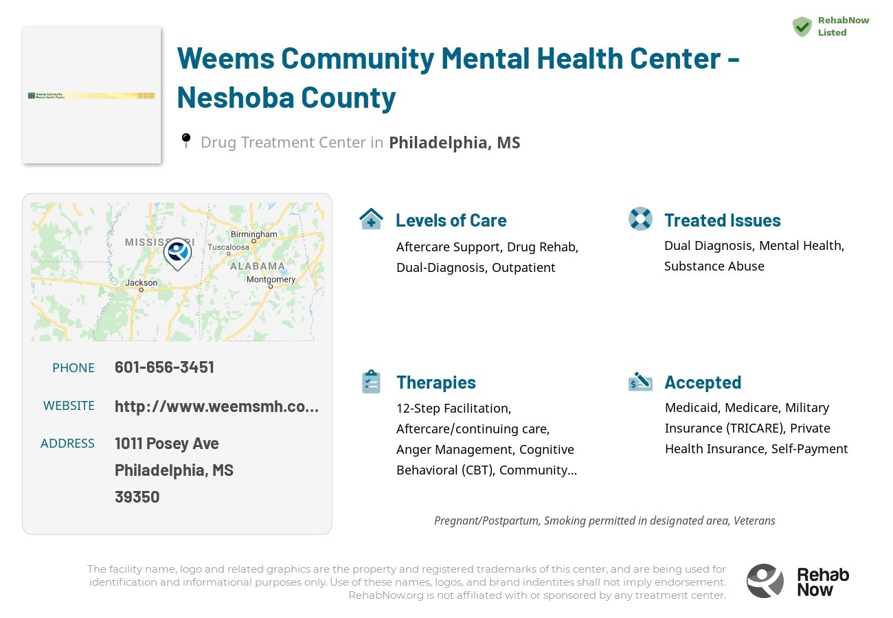 Helpful reference information for Weems Community Mental Health Center - Neshoba County, a drug treatment center in Mississippi located at: 1011 Posey Ave, Philadelphia, MS 39350, including phone numbers, official website, and more. Listed briefly is an overview of Levels of Care, Therapies Offered, Issues Treated, and accepted forms of Payment Methods.