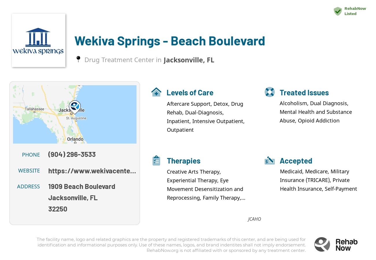 Helpful reference information for Wekiva Springs - Beach Boulevard, a drug treatment center in Florida located at: 1909 Beach Boulevard, Jacksonville, FL, 32250, including phone numbers, official website, and more. Listed briefly is an overview of Levels of Care, Therapies Offered, Issues Treated, and accepted forms of Payment Methods.