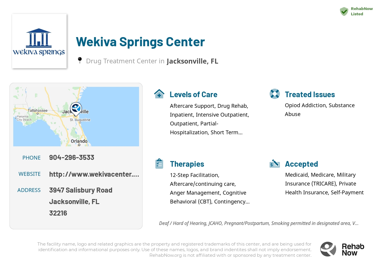 Helpful reference information for Wekiva Springs Center, a drug treatment center in Florida located at: 3947 Salisbury Road, Jacksonville, FL 32216, including phone numbers, official website, and more. Listed briefly is an overview of Levels of Care, Therapies Offered, Issues Treated, and accepted forms of Payment Methods.