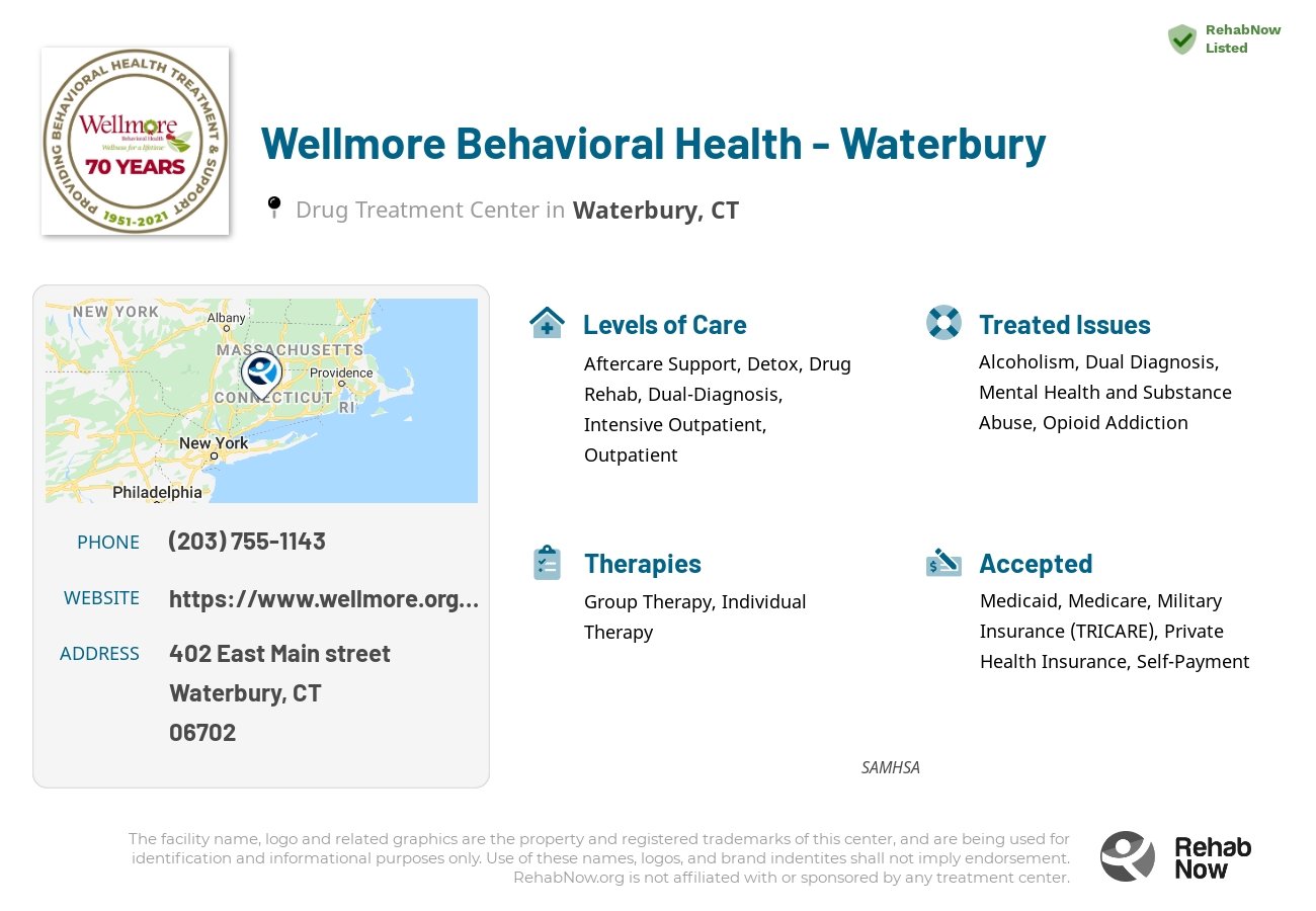 Helpful reference information for Wellmore Behavioral Health - Waterbury, a drug treatment center in Connecticut located at: 402 East Main street, Waterbury, CT, 06702, including phone numbers, official website, and more. Listed briefly is an overview of Levels of Care, Therapies Offered, Issues Treated, and accepted forms of Payment Methods.