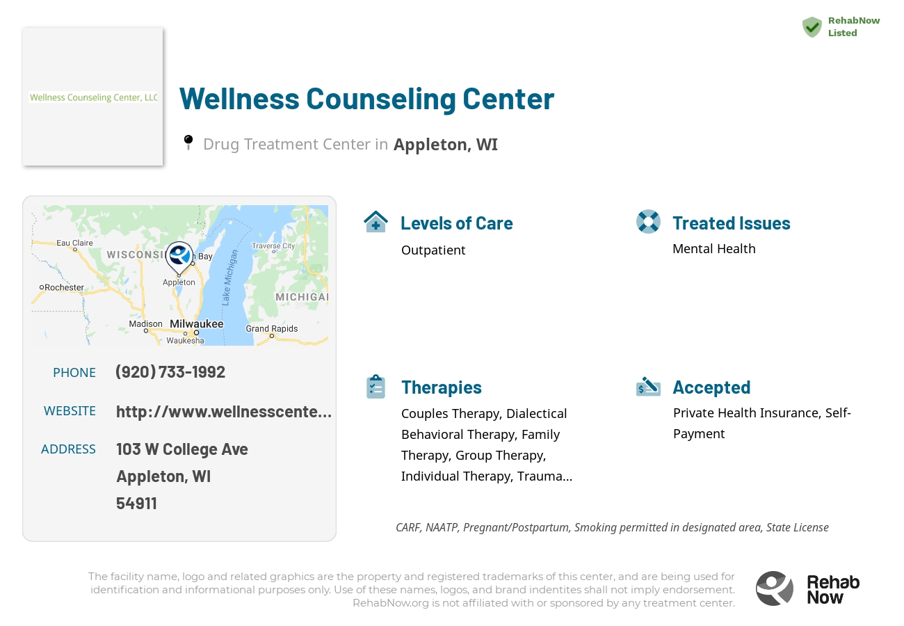 Helpful reference information for Wellness Counseling Center, a drug treatment center in Wisconsin located at: 103 W College Ave, Appleton, WI 54911, including phone numbers, official website, and more. Listed briefly is an overview of Levels of Care, Therapies Offered, Issues Treated, and accepted forms of Payment Methods.
