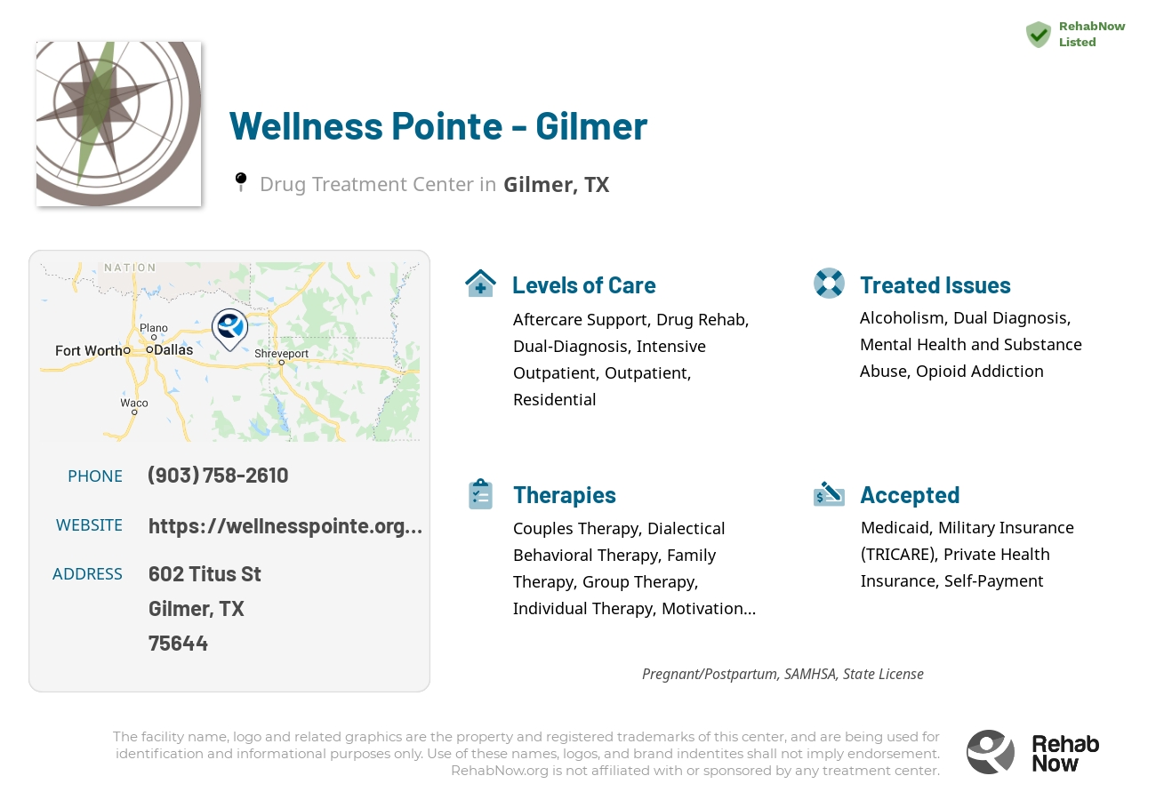 Helpful reference information for Wellness Pointe - Gilmer, a drug treatment center in Texas located at: 602 Titus St, Gilmer, TX 75644, including phone numbers, official website, and more. Listed briefly is an overview of Levels of Care, Therapies Offered, Issues Treated, and accepted forms of Payment Methods.