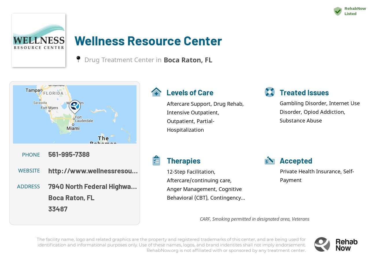 Helpful reference information for Wellness Resource Center, a drug treatment center in Florida located at: 7940 North Federal Highway Suite 120, Boca Raton, FL 33487, including phone numbers, official website, and more. Listed briefly is an overview of Levels of Care, Therapies Offered, Issues Treated, and accepted forms of Payment Methods.