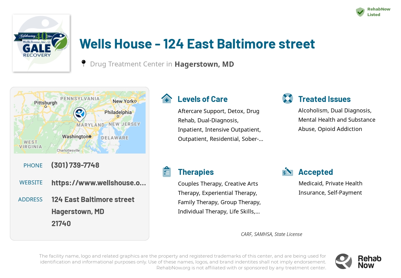 Helpful reference information for Wells House - 124 East Baltimore street, a drug treatment center in Maryland located at: 124 East Baltimore street, Hagerstown, MD, 21740, including phone numbers, official website, and more. Listed briefly is an overview of Levels of Care, Therapies Offered, Issues Treated, and accepted forms of Payment Methods.