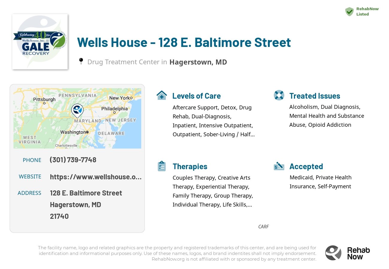 Helpful reference information for Wells House - 128 E. Baltimore Street, a drug treatment center in Maryland located at: 128 E. Baltimore Street, Hagerstown, MD, 21740, including phone numbers, official website, and more. Listed briefly is an overview of Levels of Care, Therapies Offered, Issues Treated, and accepted forms of Payment Methods.