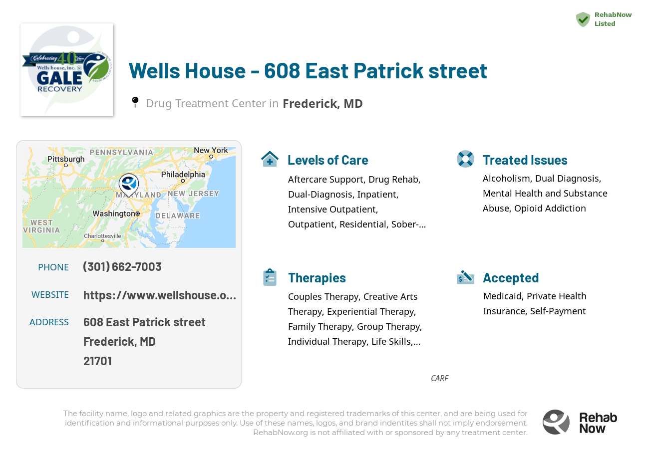 Helpful reference information for Wells House - 608 East Patrick street, a drug treatment center in Maryland located at: 608 East Patrick street, Frederick, MD, 21701, including phone numbers, official website, and more. Listed briefly is an overview of Levels of Care, Therapies Offered, Issues Treated, and accepted forms of Payment Methods.