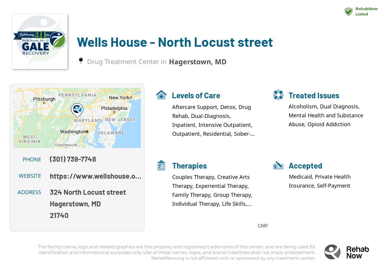 Helpful reference information for Wells House - North Locust street, a drug treatment center in Maryland located at: 324 North Locust street, Hagerstown, MD, 21740, including phone numbers, official website, and more. Listed briefly is an overview of Levels of Care, Therapies Offered, Issues Treated, and accepted forms of Payment Methods.