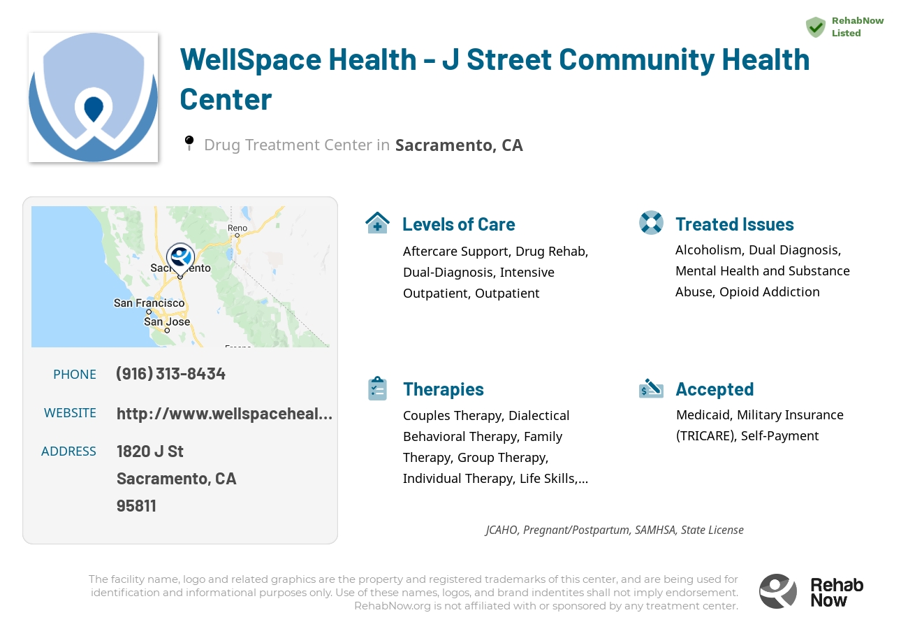 Helpful reference information for WellSpace Health - J Street Community Health Center, a drug treatment center in California located at: 1820 J St, Sacramento, CA 95811, including phone numbers, official website, and more. Listed briefly is an overview of Levels of Care, Therapies Offered, Issues Treated, and accepted forms of Payment Methods.