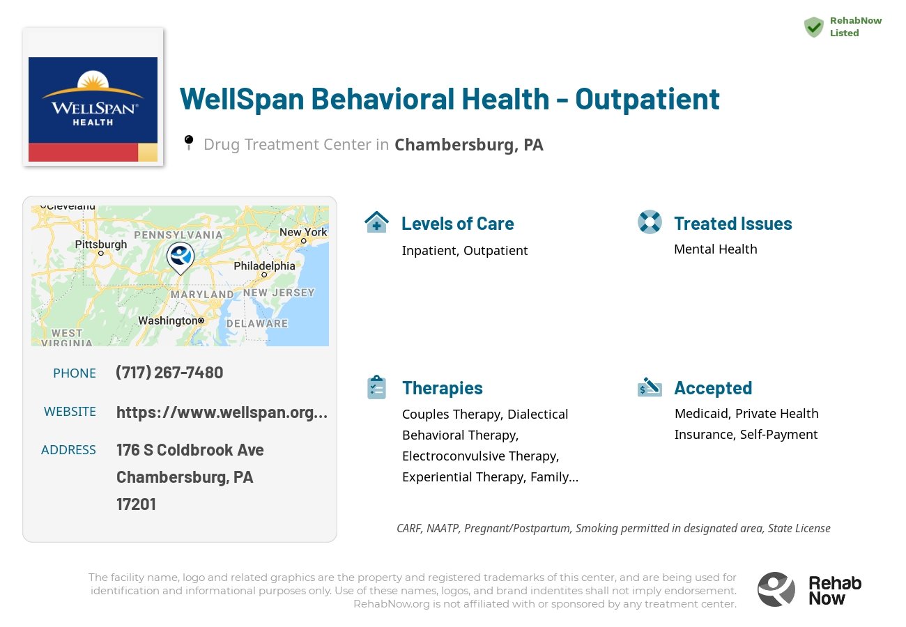 Helpful reference information for WellSpan Behavioral Health - Outpatient, a drug treatment center in Pennsylvania located at: 176 S Coldbrook Ave, Chambersburg, PA 17201, including phone numbers, official website, and more. Listed briefly is an overview of Levels of Care, Therapies Offered, Issues Treated, and accepted forms of Payment Methods.
