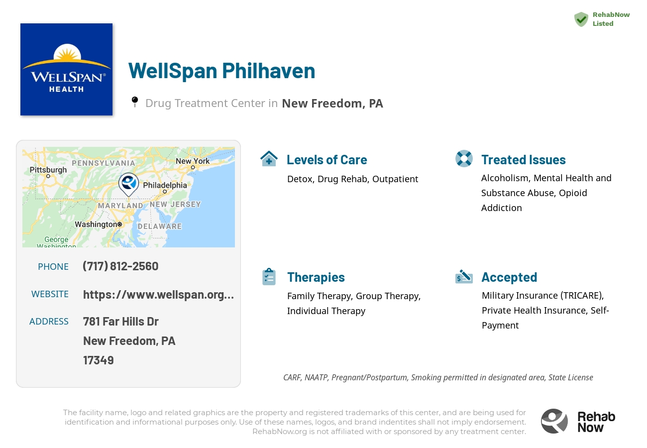 Helpful reference information for WellSpan Philhaven, a drug treatment center in Pennsylvania located at: 781 Far Hills Dr, New Freedom, PA 17349, including phone numbers, official website, and more. Listed briefly is an overview of Levels of Care, Therapies Offered, Issues Treated, and accepted forms of Payment Methods.
